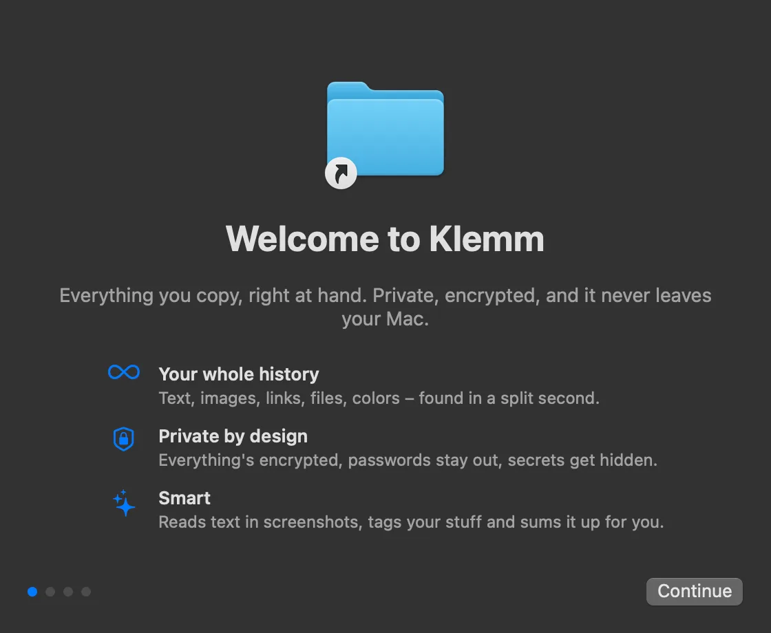 Klemm’s welcome window on first launch.