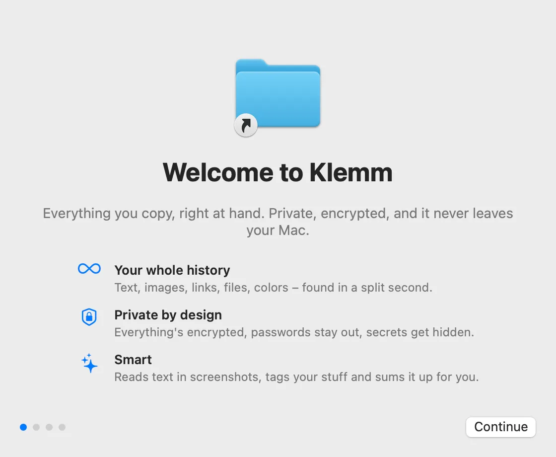 Klemm’s welcome window on first launch.