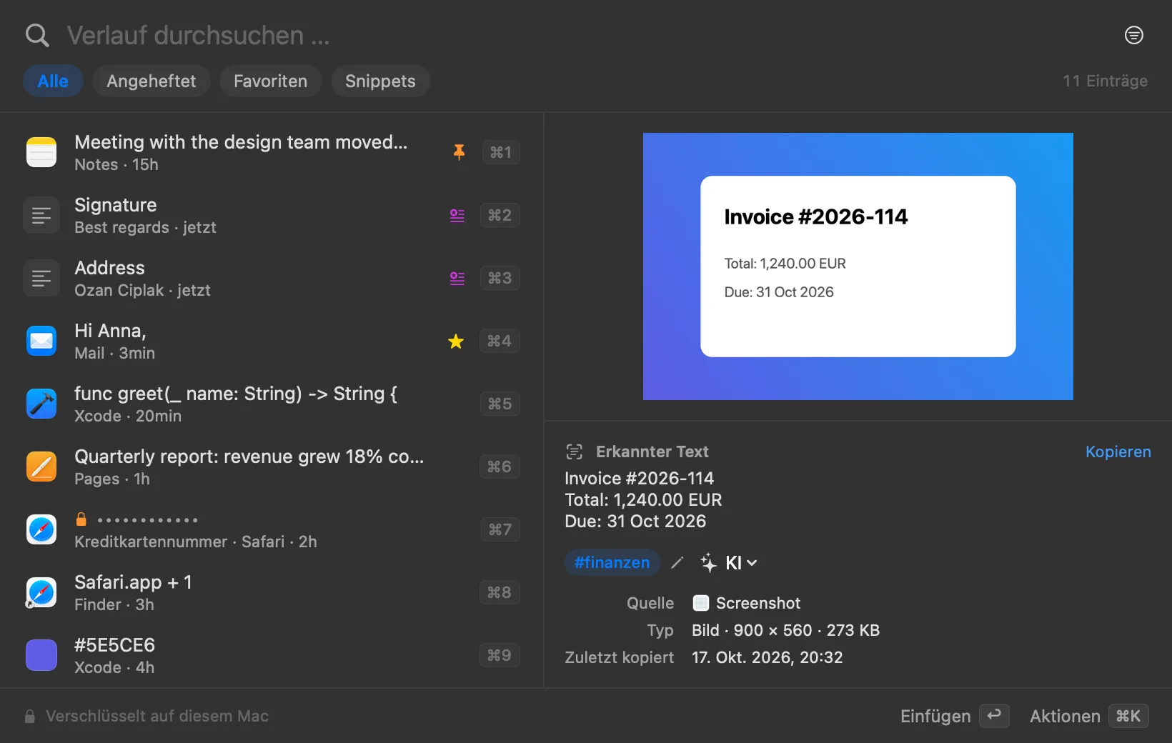 Klemm zeigt ein Bildschirmfoto einer Rechnung mit dem darin erkannten Text und dem Tag #finanzen.