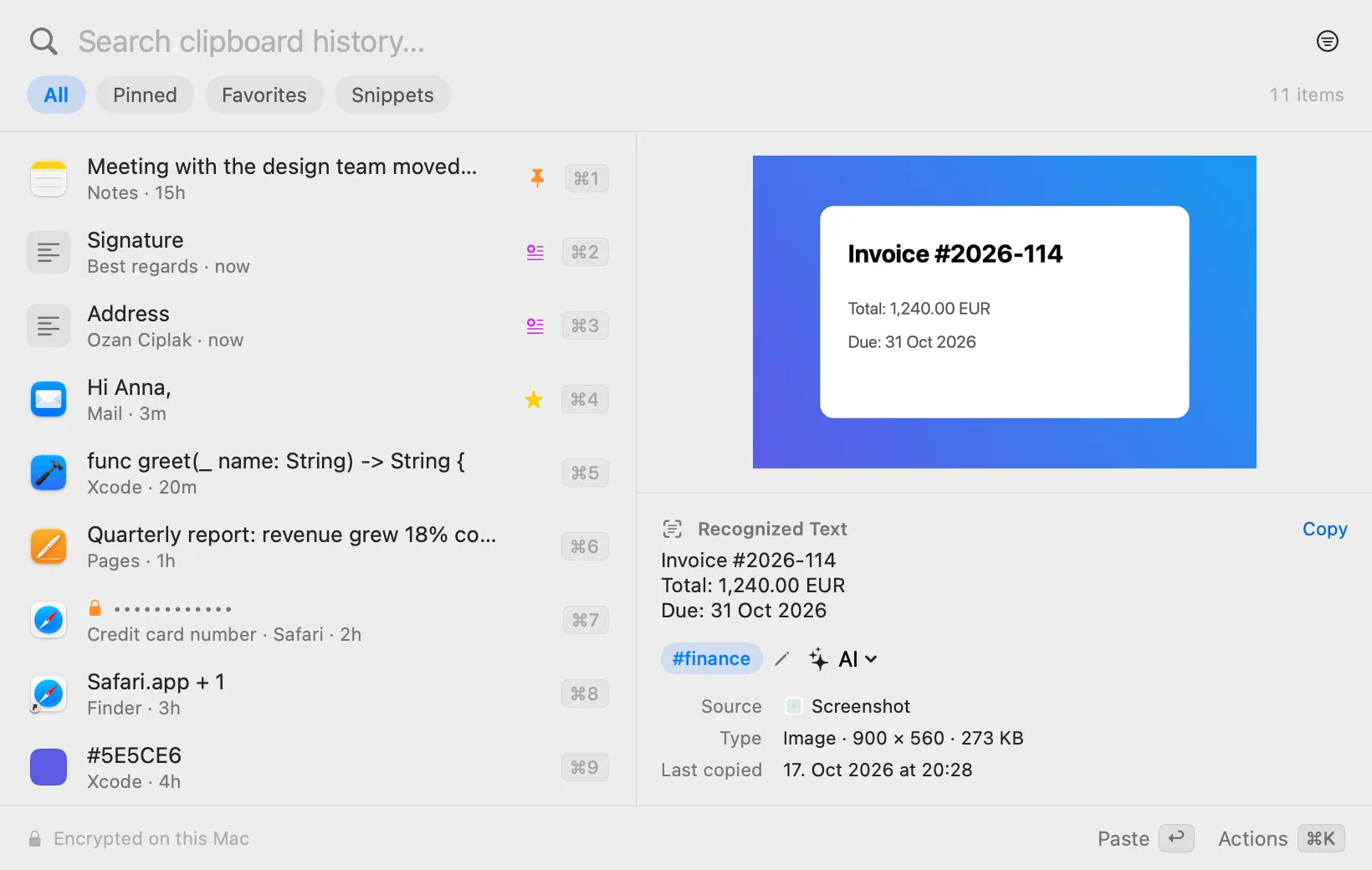 Klemm showing a screenshot of an invoice with its recognized text and the #finance tag.