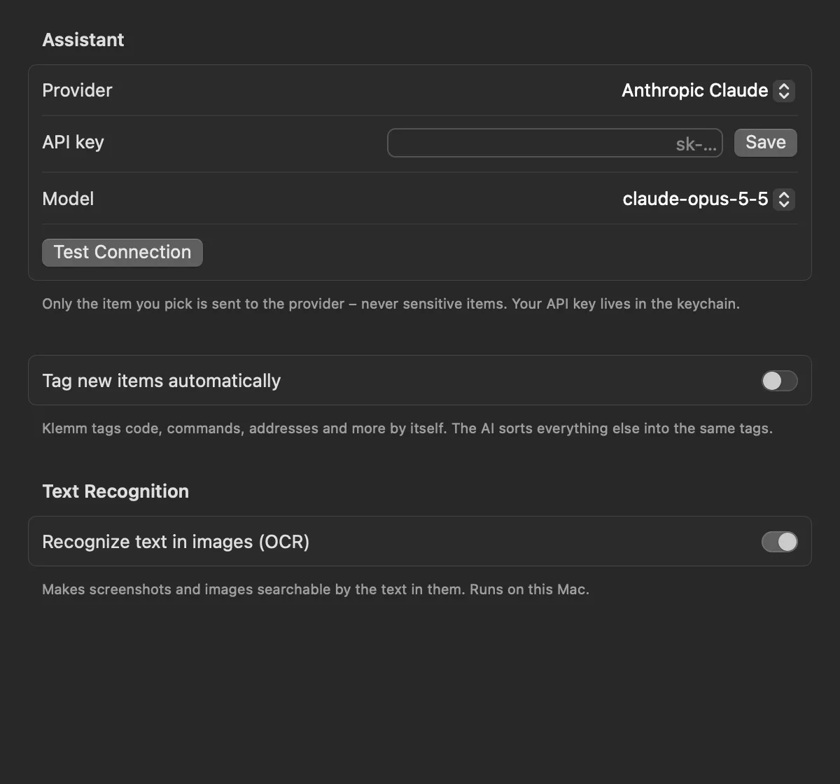 Klemm AI settings with provider, API key and text recognition.
