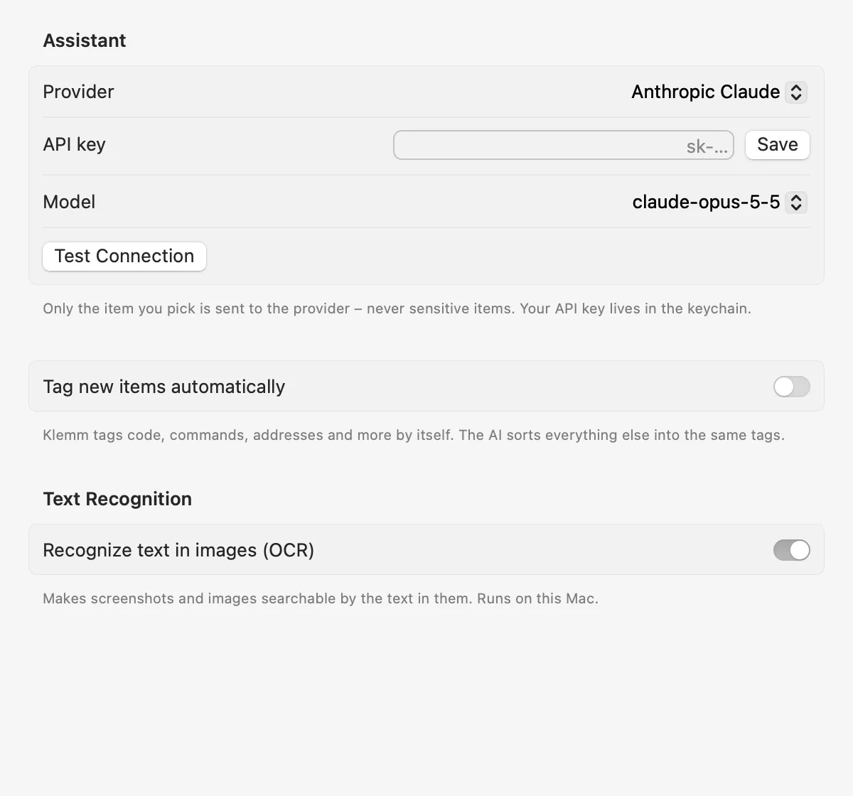 Klemm AI settings with provider, API key and text recognition.