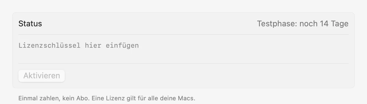 Lizenz-Einstellungen von Klemm mit Feld für den Lizenzschlüssel.